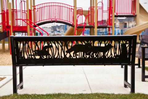 Fox, Mary Catherine Newcomb Palladium Park public art bench