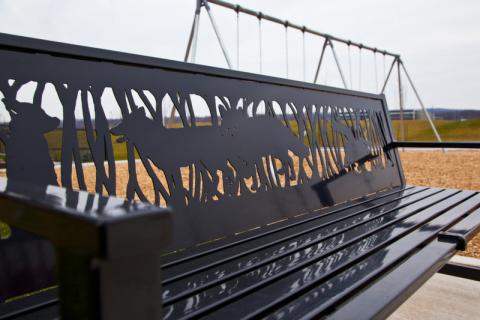 Fox, Mary Catherine Newcomb Palladium Park public art bench