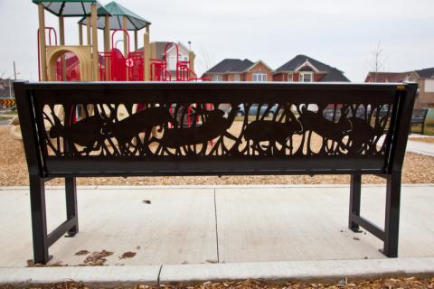 Hare, Mary Catherine Newcomb Palladium Park public art bench